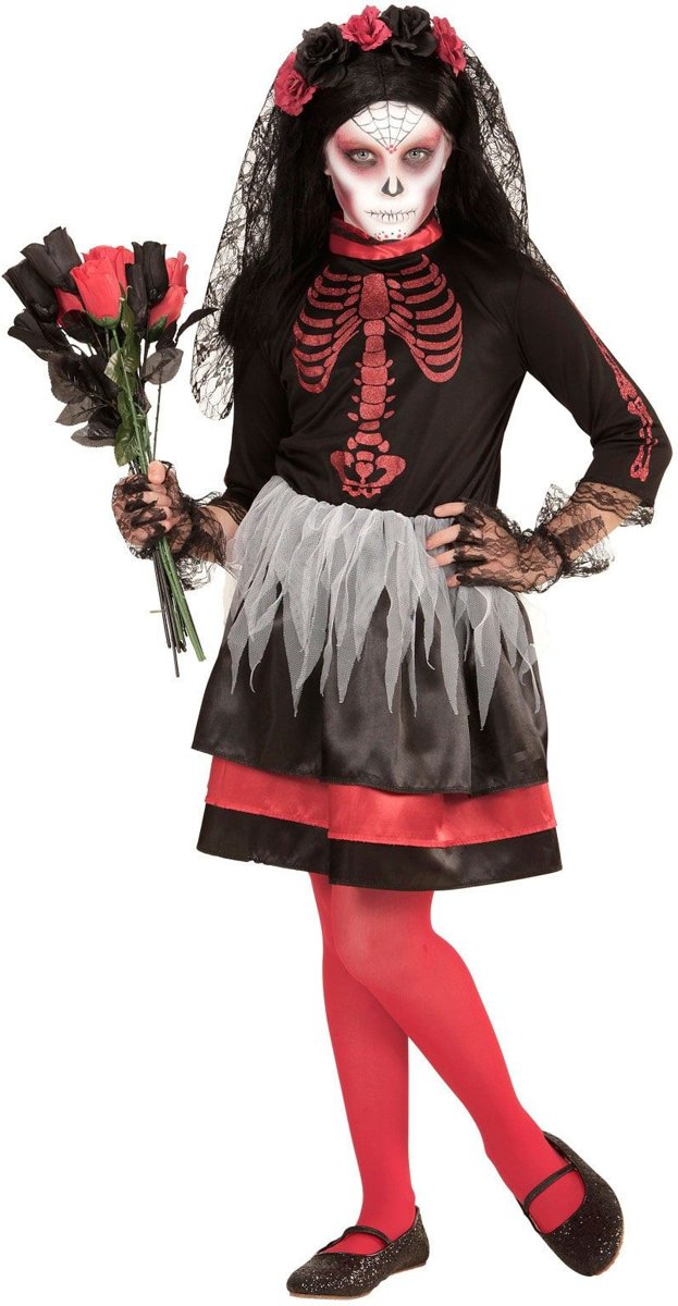 Spaans & Mexicaans Kostuum | Agape Bruid Dia De Los Muertos | Meisje | Maat 128 | Halloween | Verkleedkleding